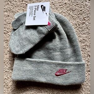 Nike Toddlers 2 Piece Hat Mitten Set Gray Pink Logo Size 2-4T